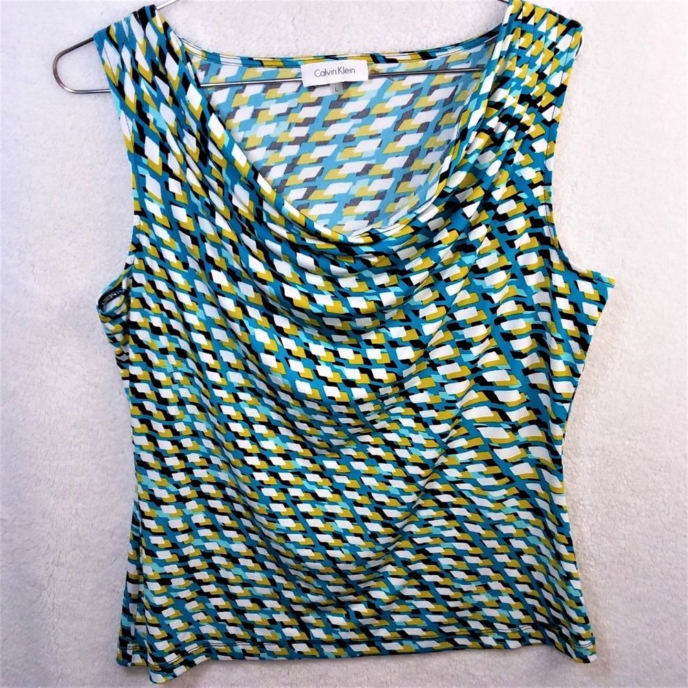 Calvin Klein Abstract Multi Colored Cowl Neck Tank Top